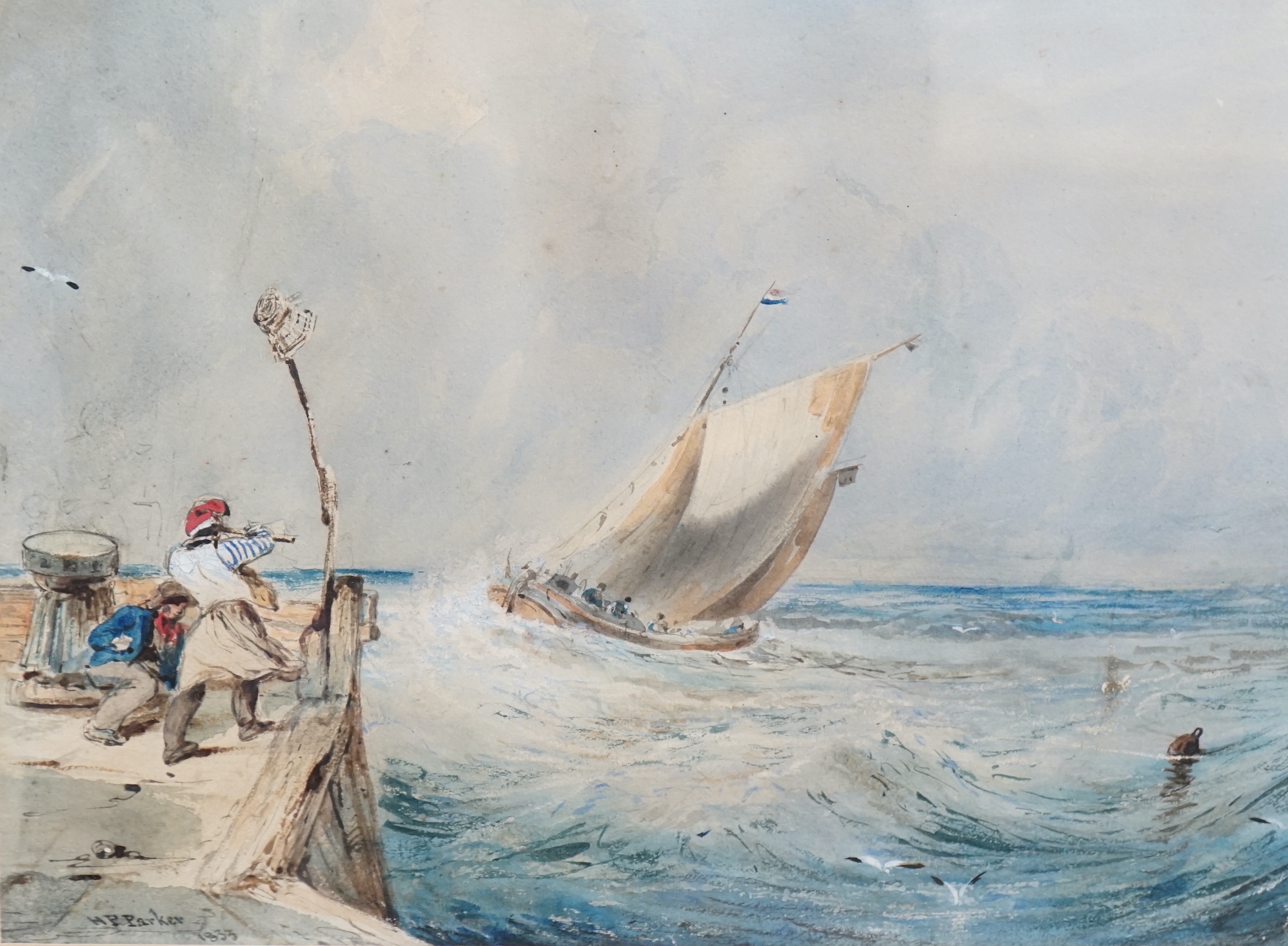 Henry Perlee Parker (1795-1873), watercolour, Coastal scene with fishing boat, signed and dated 1833, 23 x 30cm